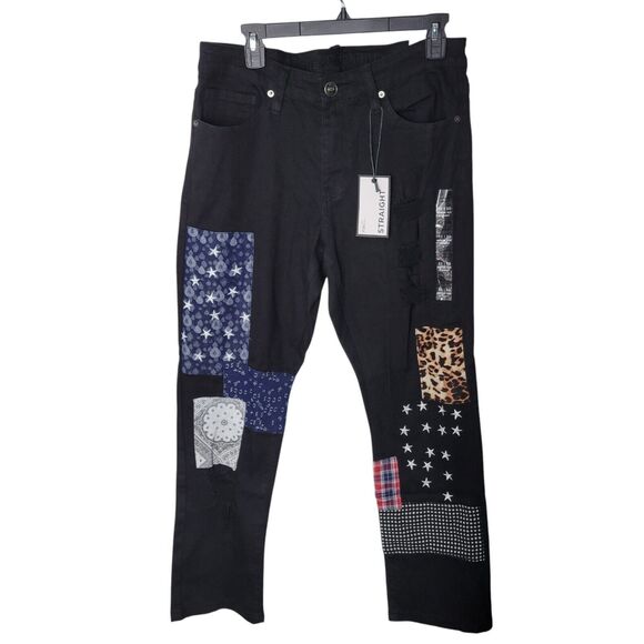 Rue21 Supreme Flex Mens Size 32x30 Black Patchwork Straight Leg Jeans - Picture 1 of 12